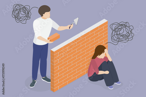 Man building a wall. Family quarrel, conflict and misunderstanding in couple. Divorce, breakup, separation concept. Flat isometric vector illustration.