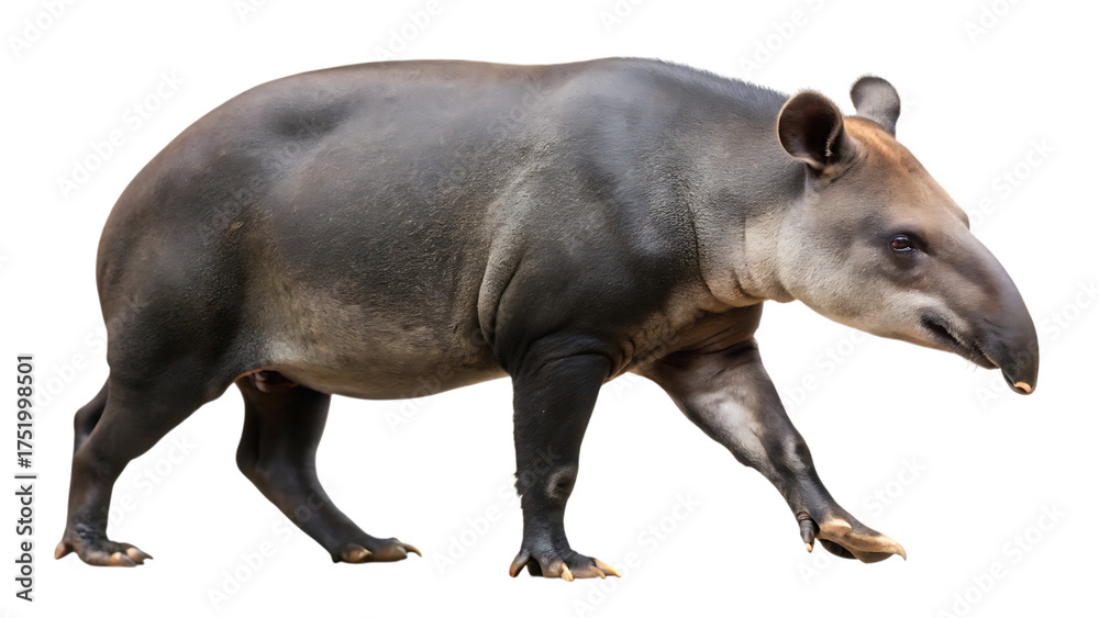 Naklejka premium Side view of a majestic tapir walking showing its unique proboscis and stout build