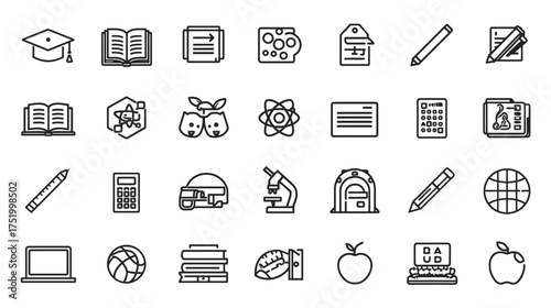 Collection of education and school related icons in outline style.