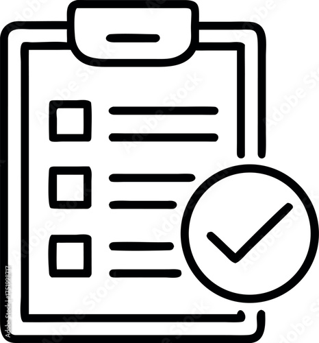 Clean and simple line art design of an approved checklist with checkmarks isolated on white background