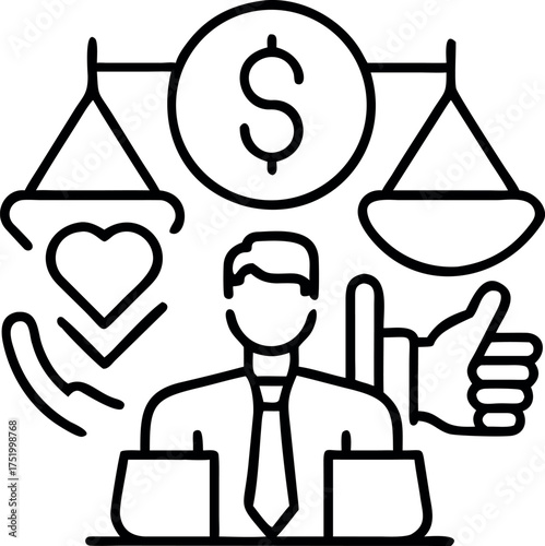 Conceptual line art illustrating business ethics and integrity isolated on white background