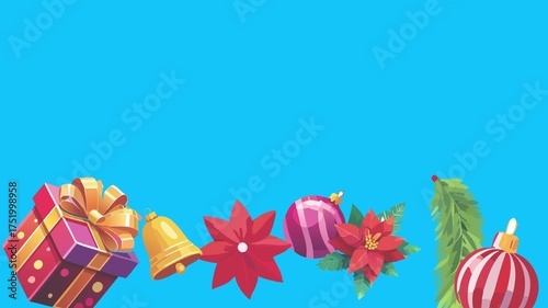 Christmas objects animated on blue screen, chroma key. Transition effects with winter holidays elements