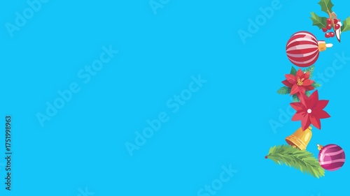 Christmas objects animated on blue screen, chroma key. Transition effects with winter holidays elements