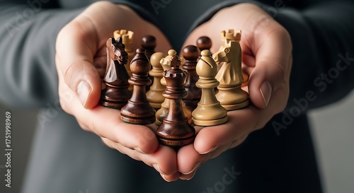 Strategic chess pieces held in caring hands symbolize planning, leadership, and intellectual gamesmanship for business success and competitive advantage in a modern world