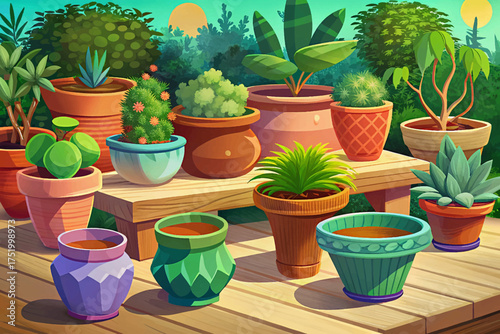 Plant pots arranged on wooden table vector essential gardening accessories for growing flowers and herbs.