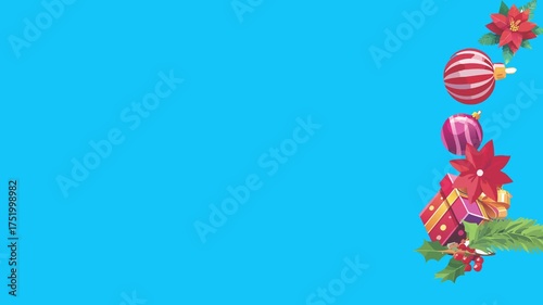 Christmas objects animated on blue screen, chroma key. Transition effects with winter holidays elements