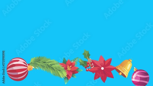 Christmas objects animated on blue screen, chroma key. Transition effects with winter holidays elements