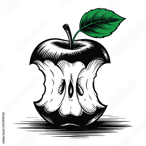 Eaten Apple Core Vector: Illustration of Fruit Waste with Leaf
