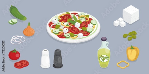 Greek salad mediterranean cuisine. Fresh vegetables ingredients, tomatoes, onion, capers, pepper, feta, salt, spicesand olive oil in bottle. 3d flat isometric vector illustration.