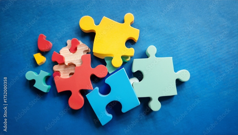 Obraz premium colorful puzzle pieces scattered on blue background create playful and engaging atmosphere inviting creativity and problem solving