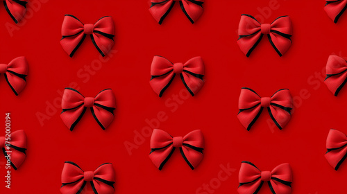 Pattern of red bows on bright red background in elegant festive style representing Christmas, celebration, gift wrapping, and holiday decoration design