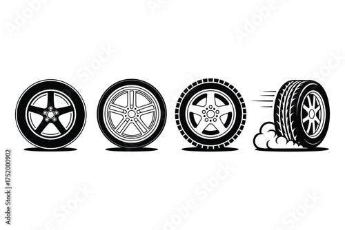 Car Wheel Tire Vector Set Black and White Rubber Tread Silhouette
