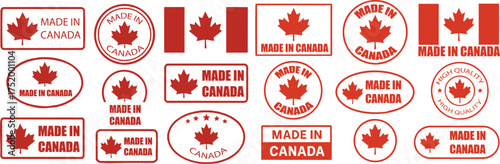 Made in Canada vector stamps and red maple leaf symbols on white background