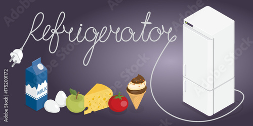 Refrigerator and groceries. Refrigerator text in the form of a cable. 3D flat isometric illustration on a dark background.