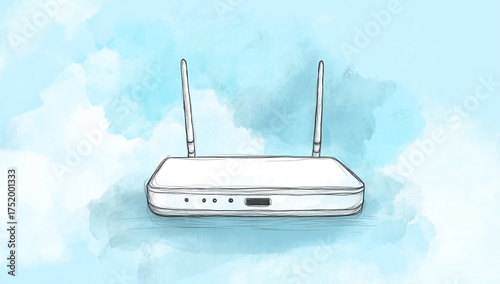 Illustration of a modern wireless router with two antennas, providing internet connection and wifi signal on a blue background