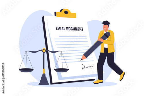 Illustration of Legal Document Signing and Finalizing a Contract. Person Putting a Signature on an Official Agreement