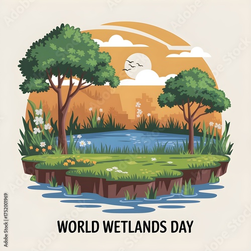 World Wetlands Day Celebrate Nature’s Water Guardians Beautiful Wetland Landscape Illustration for World Wetlands Day Wetlands Preservation Art – Celebrate World Wetlands Day