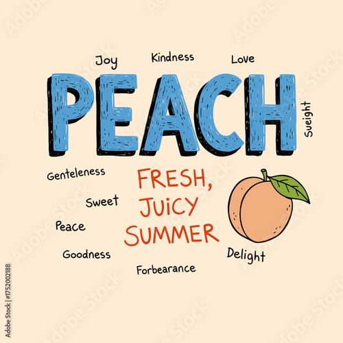 Peach art. Fruit vintage t-shirt design. Summer food poster design. Peach fruit set. Nature fruit club print design. Organic food artwork for for t-shirt. Fresh fruit print.