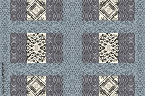 Traditional Thai geometric textile pattern in gray and cream tones, featuring diamond motifs and ethnic design, perfect for fabric and decoration.