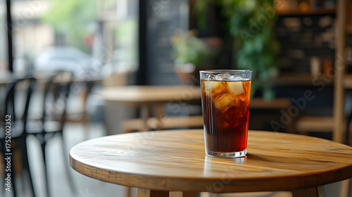 Chilled ice americano on wooden table in modern cafe