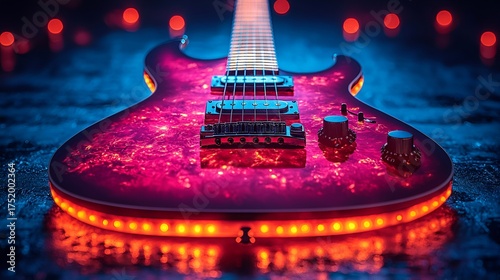 Illuminated Pink Electric Guitar on Dark Concrete