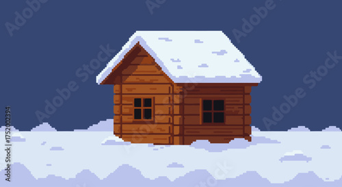 Vector Pixel Art of Wooden House in Winter – Cozy Cabin Illustration in Snowy Landscape