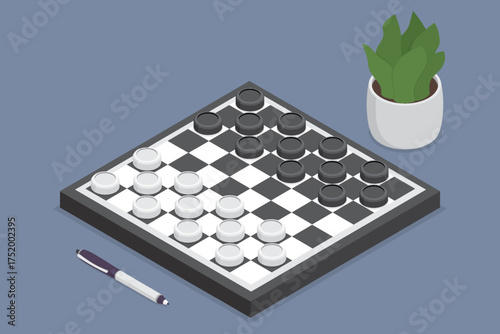 Draughts or checkers, strategy board game. Entertainment, recreation, sports. 3D flat isometric illustration on a dark background.
