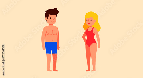 Vector Cartoon Illustration of Slender Man and Woman in Swimwear – Simple Beach Style Drawing on Light Background