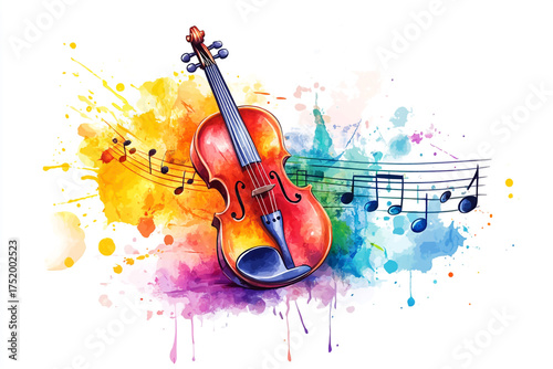 A vibrant watercolor painting of a violin with musical notes isolated on white background, surrounded by colorful splashes and drips