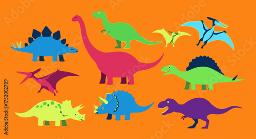 Vector Illustration of Dinosaurs – Stegosaurus, Brontosaurus, Velociraptor, Triceratops, T-Rex, Spinosaurus, and Pterosaurs