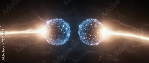 Abstract science animation showing quantum entanglement, with two connected particles mirroring each other. Represents physics and futuristic technology.