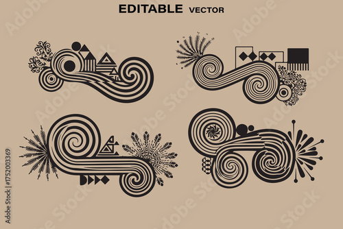 Four abstract swirling decorative elements with organic and geometric shapes