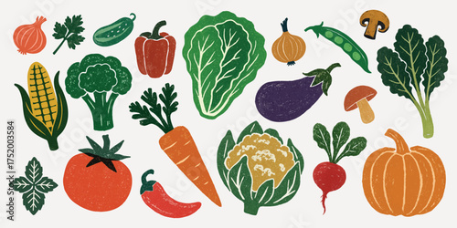 Hand-drawn vegetable illustration set with retro textured style for healthy food and organic design