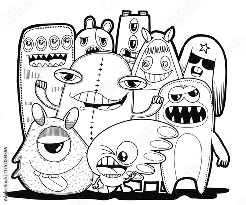 funny monsters. Cool hand drawn characters. Cartoon hand drawn doodles, children's  illustration coloring background. black and white stripes.