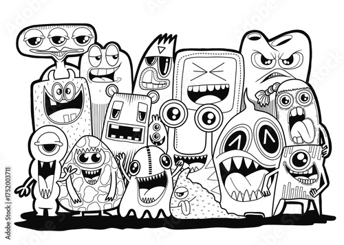 funny monsters. Cool hand drawn characters. Cartoon hand drawn doodles, children's  illustration coloring background. black and white stripes.
