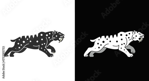 Vector Illustration of Smilodon – Prehistoric Saber-Toothed Tiger in Black and White
