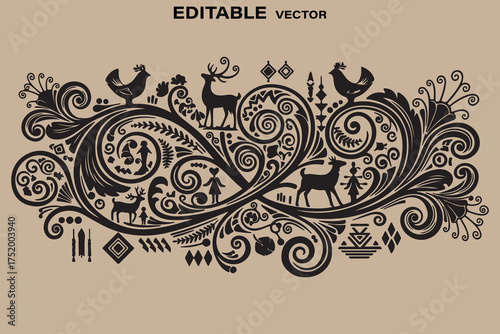 Rustic folk art swirls with animals and people