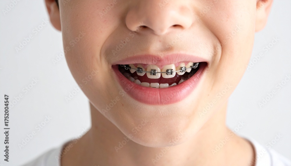 Naklejka premium 歯列矯正をする子供の歯、笑顔のかわいい子供