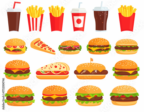 Vector icon set of burger, fries, soda, pizza