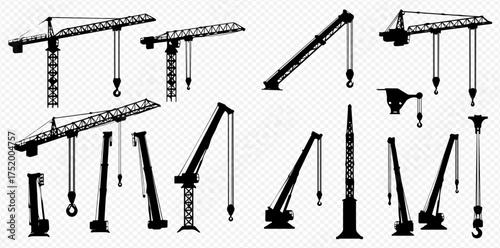 A collection of black silhouettes depicting various types of industrial and construction cranes on a transparent background.