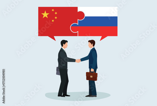Icon logo sign Business people figure shaking hand make a deal. puzzle flag nation China Russia, vector design element for poster, banner, news, social media, website internet platform