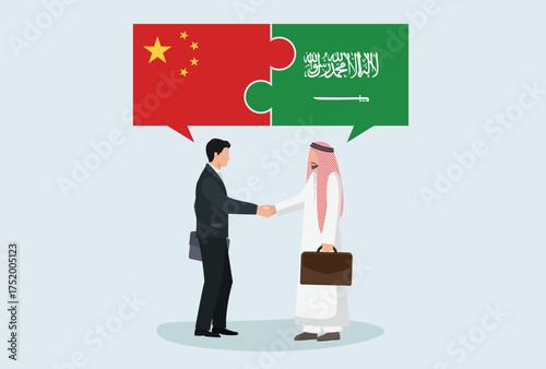 Icon logo sign Business people figure shaking hand make a deal. puzzle flag nation China Saudi Arabia, vector design element for poster, banner, news, social media, website internet platform