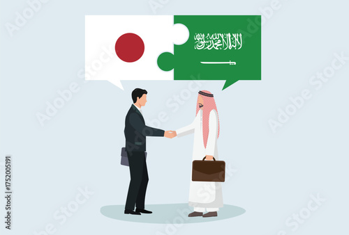 Icon logo sign Business people figure shaking hand make a deal. puzzle flag nation Japan Saudi Arabia, vector design element for poster, banner, news, social media, website internet platform