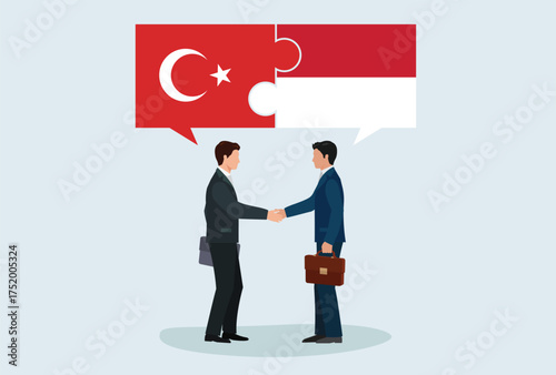 Icon logo sign Business people figure shaking hand make a deal. puzzle flag nation Turkey Turkiye Indonesia, vector design element for poster, banner, news, social media, website internet platform