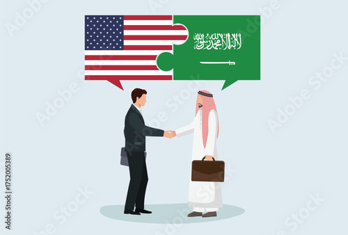 Icon logo sign Business people figure shaking hand make a deal. puzzle flag nation America US USA Saudi Arabia, vector design element for poster, banner, news, social media, website internet platform
