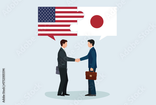 Icon logo sign Business people figure shaking hand make a deal. puzzle flag nation Us Usa United states America Japan, vector design element for poster, banner, news, social media, 