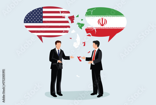 Icon logo sign Crisis in world. Conflict with two people opposing trading partners US USA America and Iran. Symbol of negotiation, argument. Flat vector