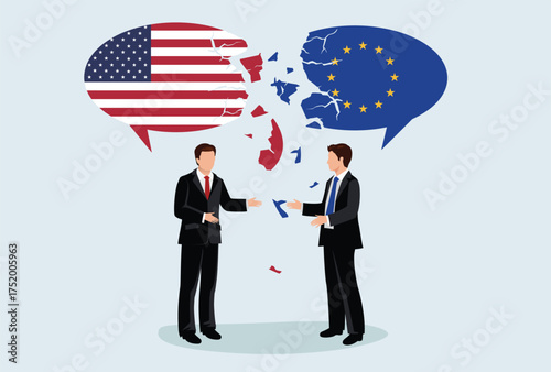 Crisis in world. Conflict with two opposing trading partners US and Europe. Symbol of misunderstanding, negotiation problems, miscommunication, argument. Flat vector illustration