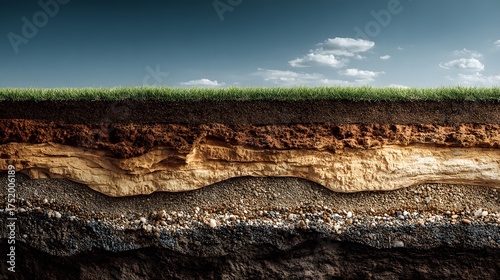 Detailed cross-section of earth layers shows vibrant green grass above rich topsoil, subsoil with pebbles, and deep, dense bedrock below.