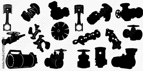 A collection of black silhouettes representing various industrial and automotive machine parts on a transparent background.
